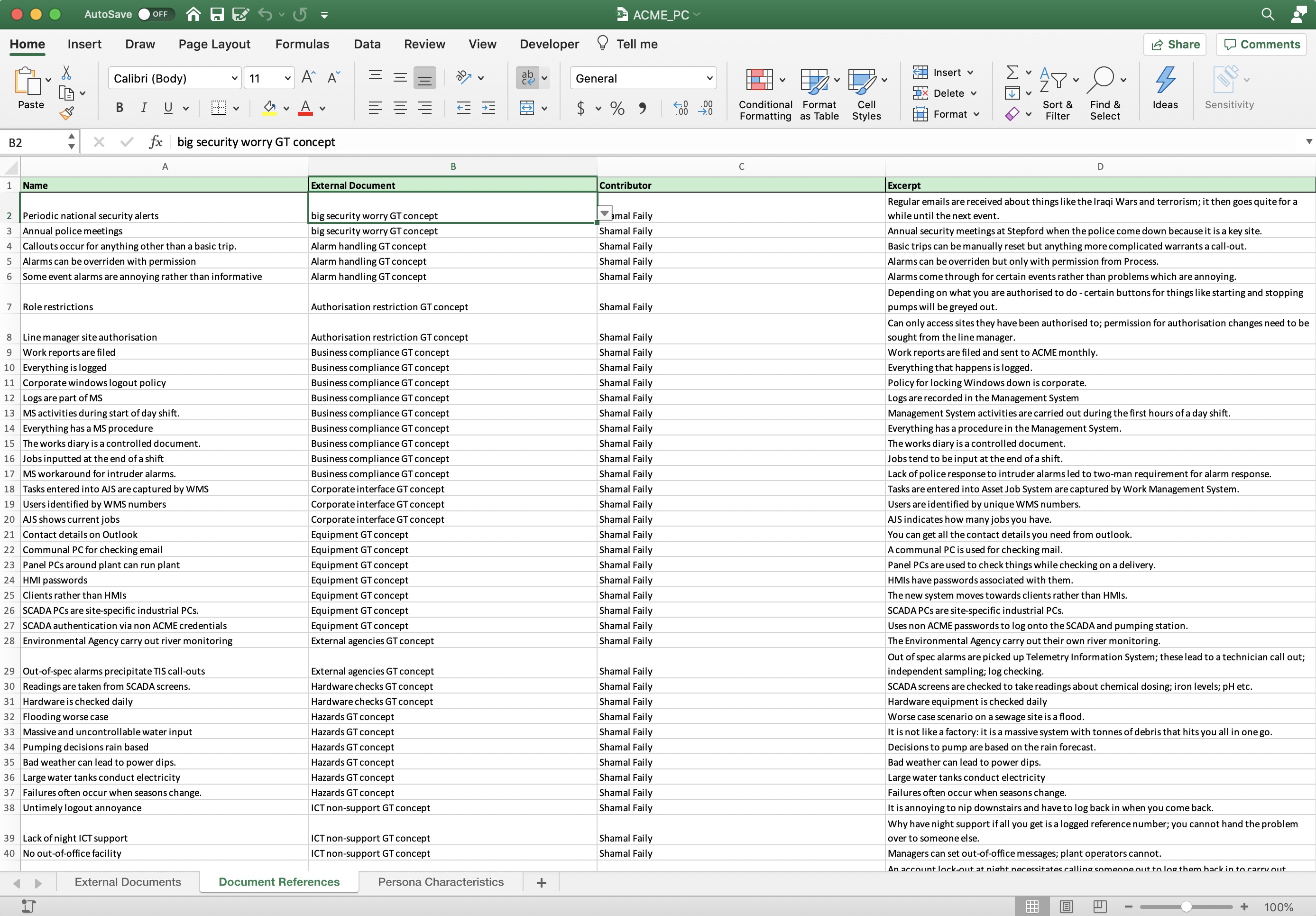 Document references spreadsheet