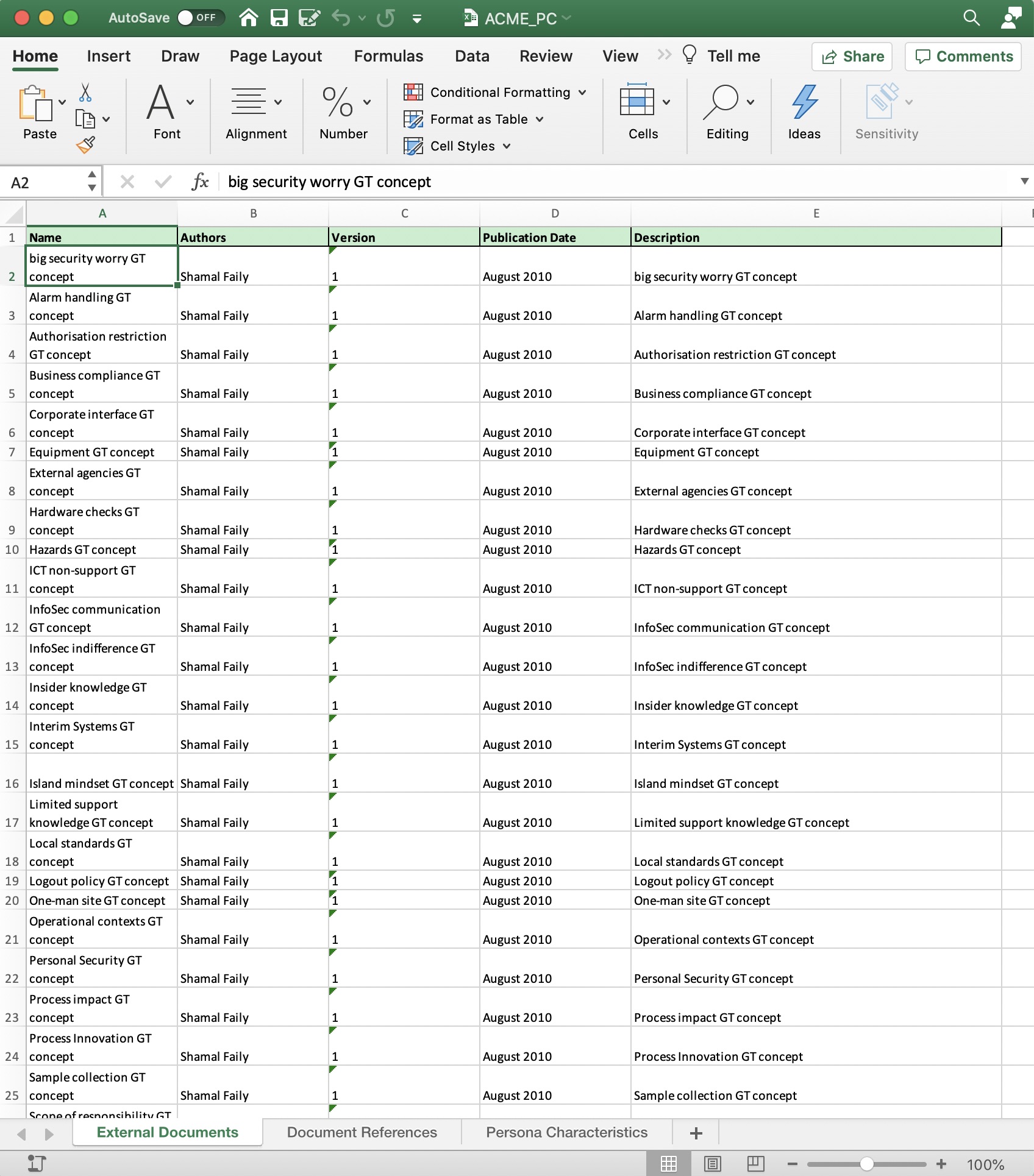 External documents spreadsheet